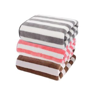 Microfiber Stripes Bath Towel for Men and Women-Soft Coral Fleece Towel with Hook Quick Dry Super Absorbent-70 x 140 cm Grey/Peach/Brown, Pack of 3
