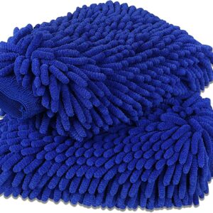 Double Side Chenille Mitt Cleaning Gloves for Car Bike Wash and Detailing-Extra Large Highly Absorbent Gloves Pack of 2-Multicolor-8 Inch