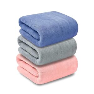 Microfiber-Soft Coral Fleece Bath Towels For Men and Women with Hook Quick Dry Super Absorbent-70 x 140 cm Grey/Blue/Pink