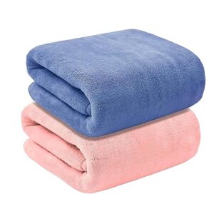 Microfiber Bath Towels -Soft Coral Fleece Towel For Men and Women with Hook-70 x 140 cm Blue/Pink, Pack of 2